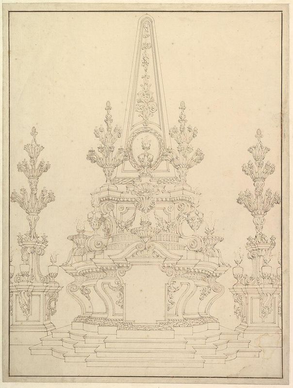 Elevation of a Catafalque: Two Pedestals with Candelabra at Sides; with Central Obelisk Surrounded by Candelabra.Verso: Sketch of architecture: archway and corner with pillars.