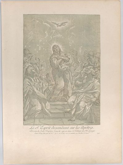 The Pentecost, with the Virgin standing at center, the Holy Spirit above, and Apostles on both sides