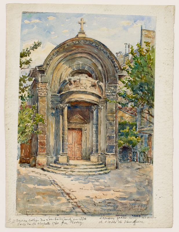 L’ancien collège des Lombards, annexe du collège des Irlandais, rue des Carmes, 20 juillet 1915; Vue extérieure de la porte de la Chapelle
