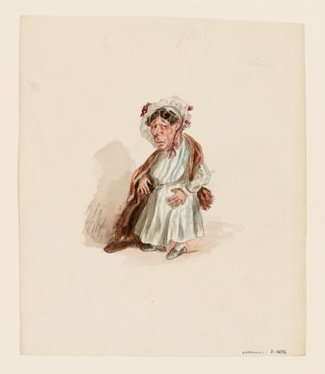 Portrait charge de Grassot dans un rôle féminin au Théâtre du Palais-Royal.