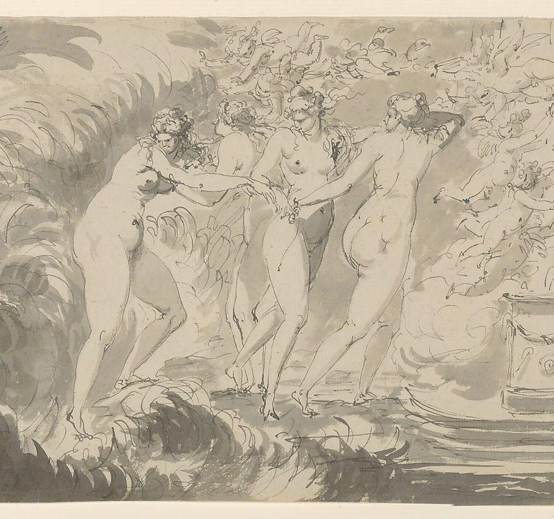 Four Nude Women Surrounded by Putti, Approaching an Altar