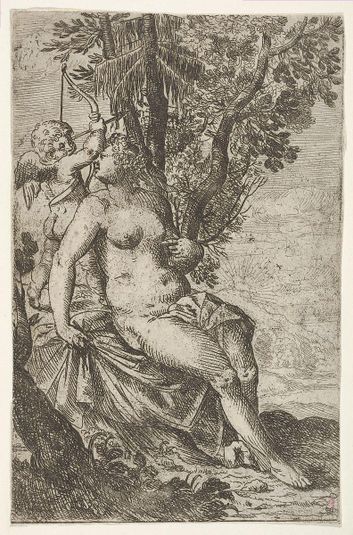 Cupid prepares to shoot an arrow as Venus looks over her right shoulder