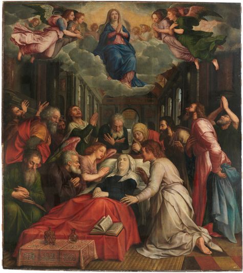 La Muerte de la Virgen (centro); El Nacimiento de la Virgen (izquierda); La Presentación de la Virgen (derecha)