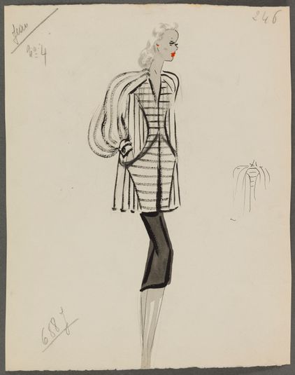 Manteau blanc court rayé de noir sur robe noire, 1938, Fonds d'arts graphiques de la maison Max Fourrures