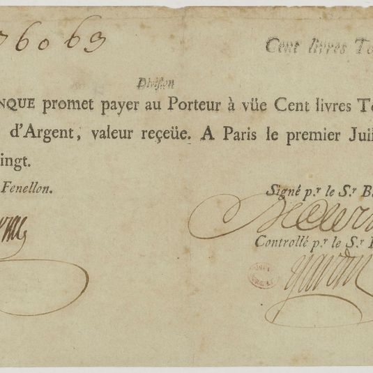 Billet de 100 livres tournois n° 276063, 1er juillet 1720