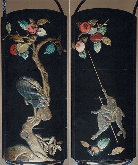 Case (Inrō) with Design of Monkeys Trying to get Persimmons with Stick (obverse); Hawk in Persimmon Tree (reverse)