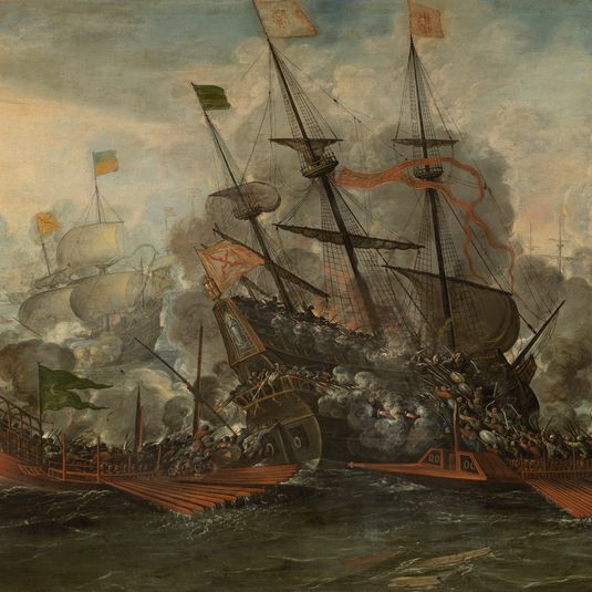 A naval battle scene between the Spaniards and Turks.