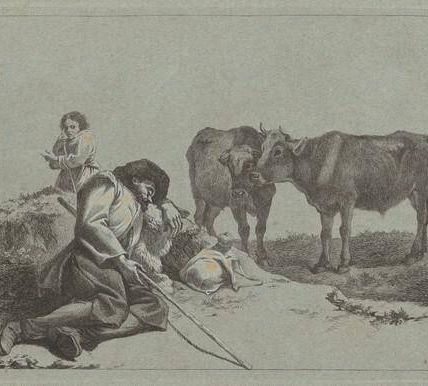 Sleeping Shepherd, Two Calves, and a Peasant Woman
