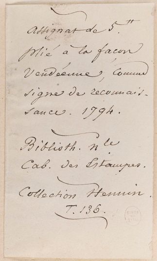 Assignat de 5 livres, plié à la façon vendéenne, 1794, dans feuillet plié, série 23425, création de Brumaire an 2