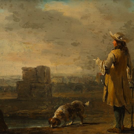 Herr mit Hund in Landschaft