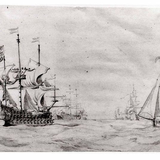 A Large Dutch Ship with a Fleet at Sea and Two Small Vessels