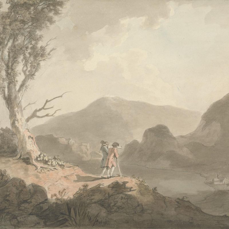 Two Men with Telescope Looking Across A River