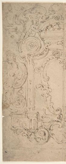 Two Alternatives Designs for a Cartouche Decorated with a Frame, Statues, and Volutes.