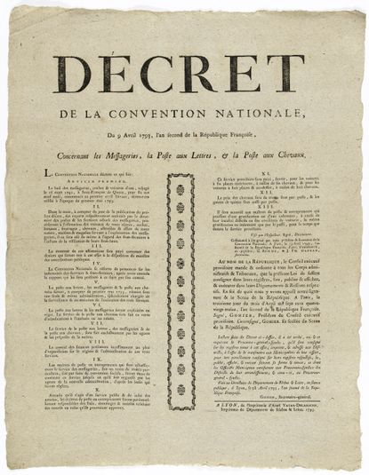 DECRET/ DE LA CONVENTION NATIONALE,/ Du 9 Avril 1793, l'an second de la République Françoise [sic],/ Concernant les Messageries, la Poste aux Lettres, & la Poste aux Chevaux.