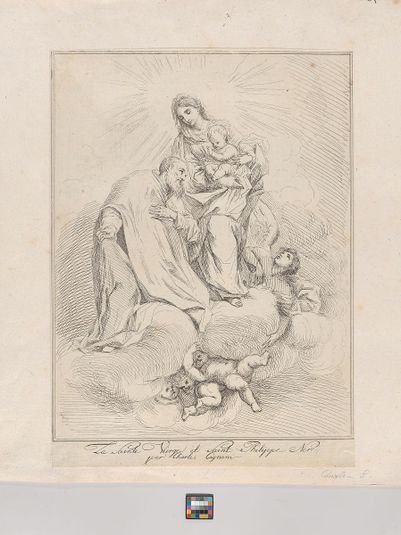 Virgin and Child seated on clouds with Saint Philip Neri at left