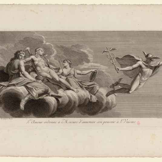 Les peintures de Charles Le Brun et d'Eustache Le Sueur de l'hôtel Lambert. Cabinet de l'Amour : L'Amour ordonne à Mercure d'annoncer son pouvoir à l'univers.