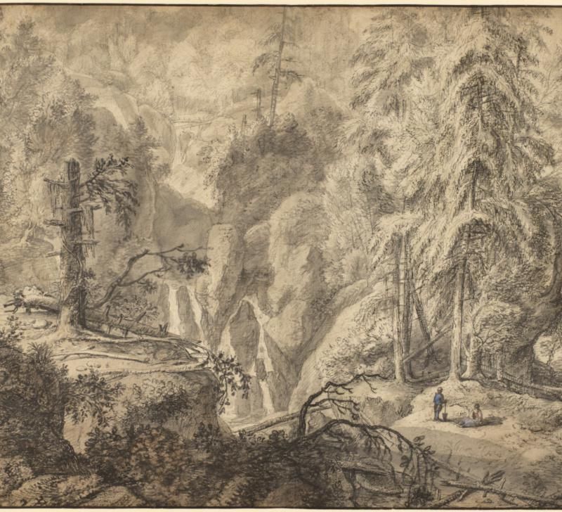 Mountain Landscape, Peasants in a Clearing near a Waterfall (recto); Landscape Sketch (verso)