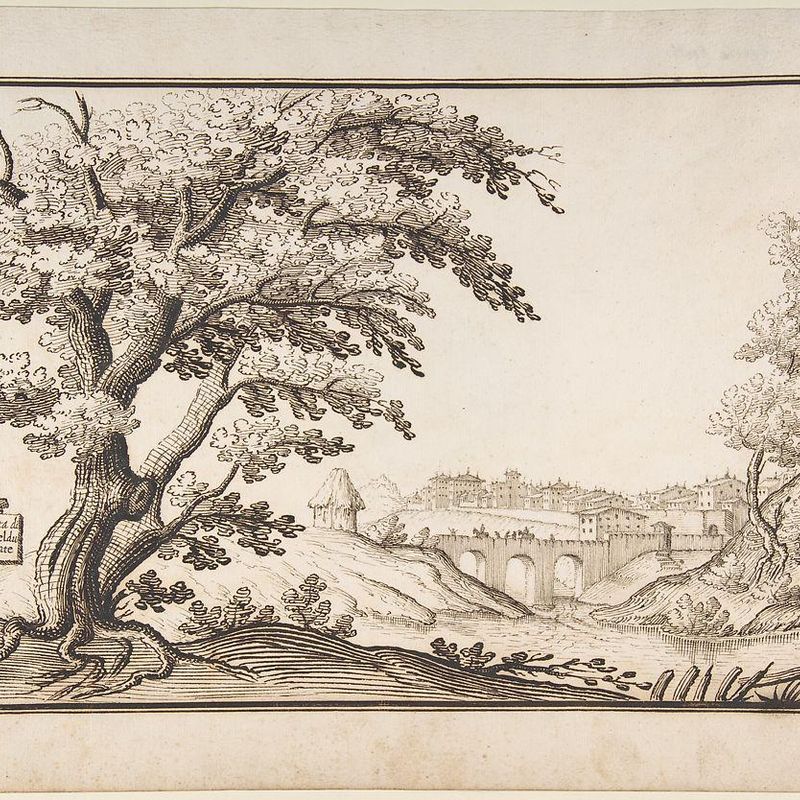 Framed Landscape with a View of Castel Durante with a Figure Holding an Inscribed Plaque in the Foreground