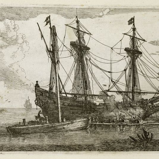 Plusieurs vaisseaux et navire-marchands n°8 : Un navire-marchand en calfatage (Hollstein 95)