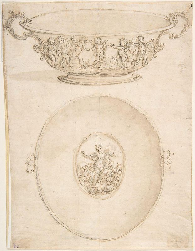 Two Views of a Design for a Shallow (Drinking?) Bowl wih Handles