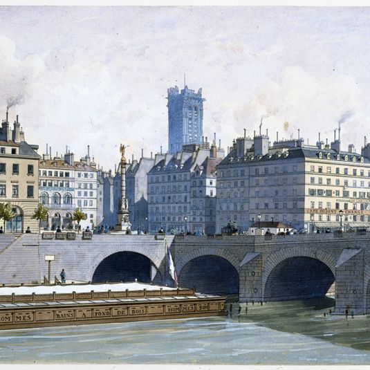 Vue de la place du Châtelet et le pont aux Changes, en 1830. (Reconstitution)