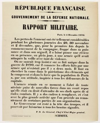 REPUBLIQUE FRANCAISE./ GOUVERNEMENT DE LA DEFENSE NATIONALE./ RAPPORT MILITAIRE./ Paris, le 4 Décembre 1870./ Les pertes de l'ennemi ont été tellement considérables