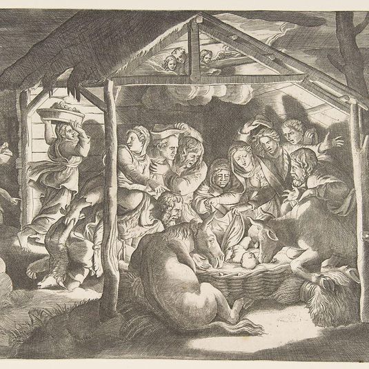The adoration of the shepherds, various figures at night surround the Christ Child