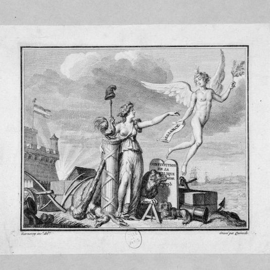 Allégorie. Triomphe de la République et de la Constitution française de 1793, accompagnée d'un génie ailé. Révolution française.