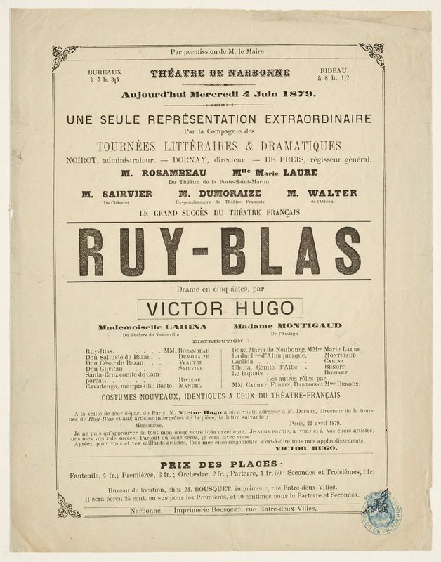 Ruy Blas, théâtre de Narbonne, 4 juin 1879
