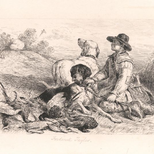 Boy holding 2 gun-dogs and game