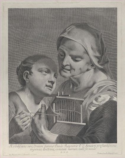 An old woman holding a mousetrap while a young girl holds a string attached to its tail