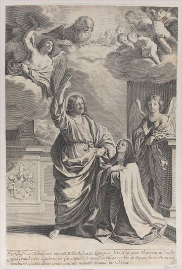 Saint Theresa praying alongside Christ, who points upwards to God the Father and the Holy Spirit
