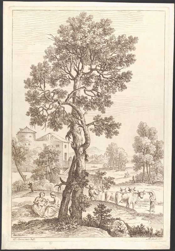 Rural Scene with Herdsboys and Three Cows, Large Tree in Foreground