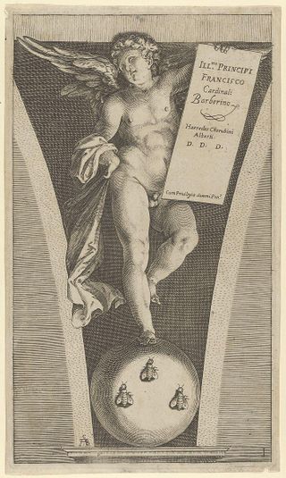 Winged genius holding a tableau, standing on a sphere with three bees