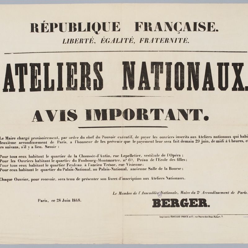 REPUBLIQUE FRANCAISE./ LIBERTE, EGALITE, FRATERNITE./ ATELIERS NATIONAUX./ AVIS IMPORTANT.