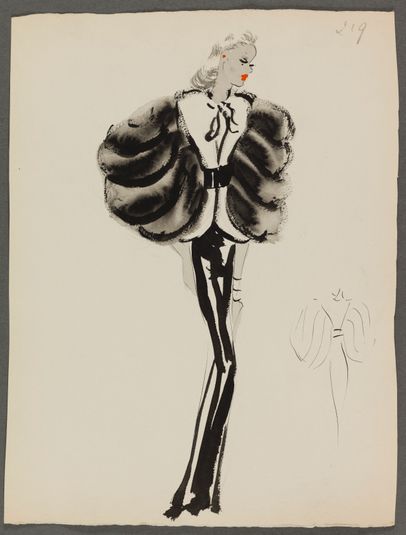 Manteau court blanc avec manches en fourrure noire travaillée en bandes sur robe noire, 1938, Fonds d'arts graphiques de la maison Max Fourrures