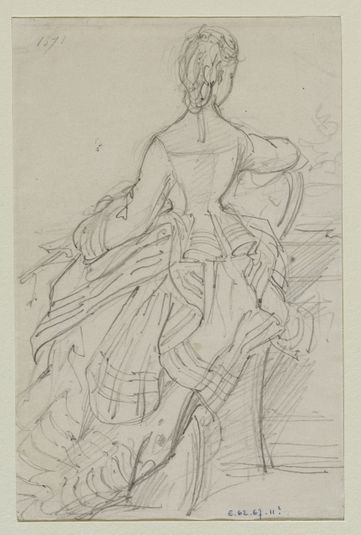 Femme assise de dos avec robe à tournure, Fonds d’archives graphiques de Maurice Leloir