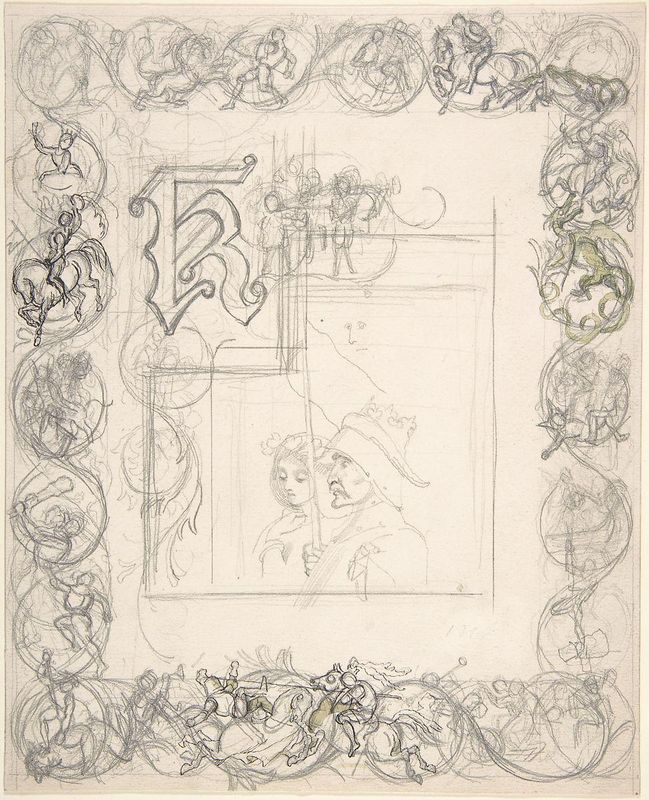 Title Page Design for "The Tournament" (recto); Small Sketches for Border Elements (verso)