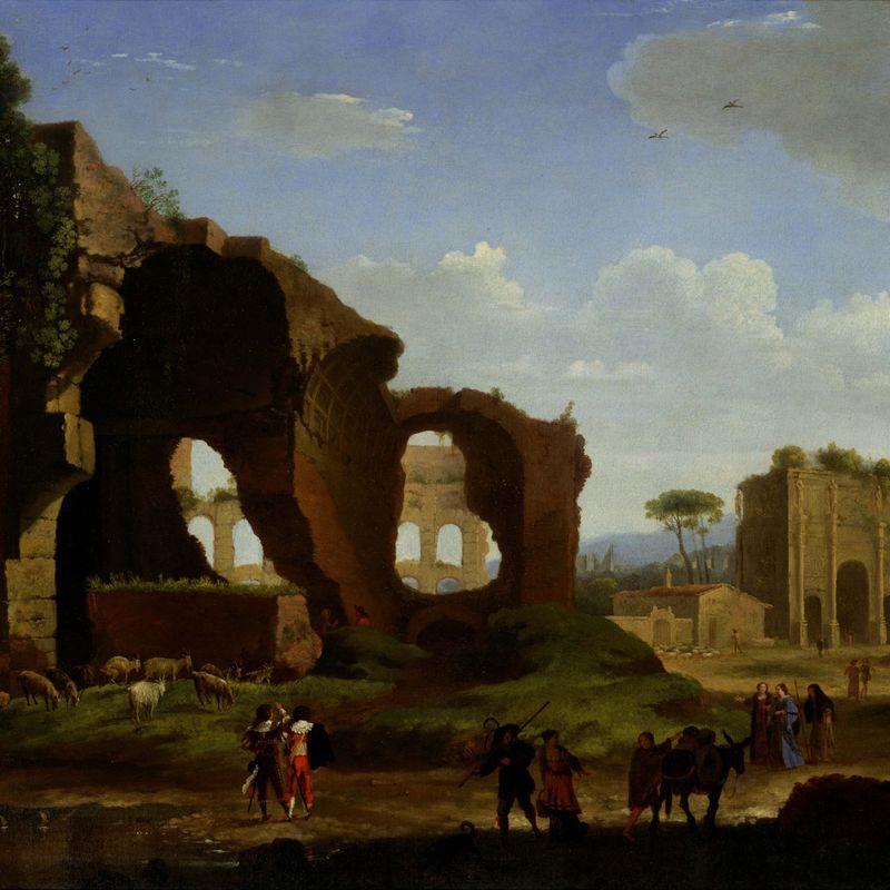 A Roman View Of The Ruins Of The Temple Of Venus And Rome With The Colosseum And The Arch Of Constantine