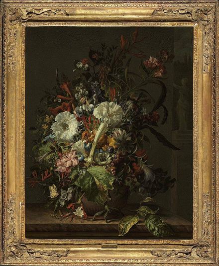 Still Life of Exotic Flowers on a Marble Ledge