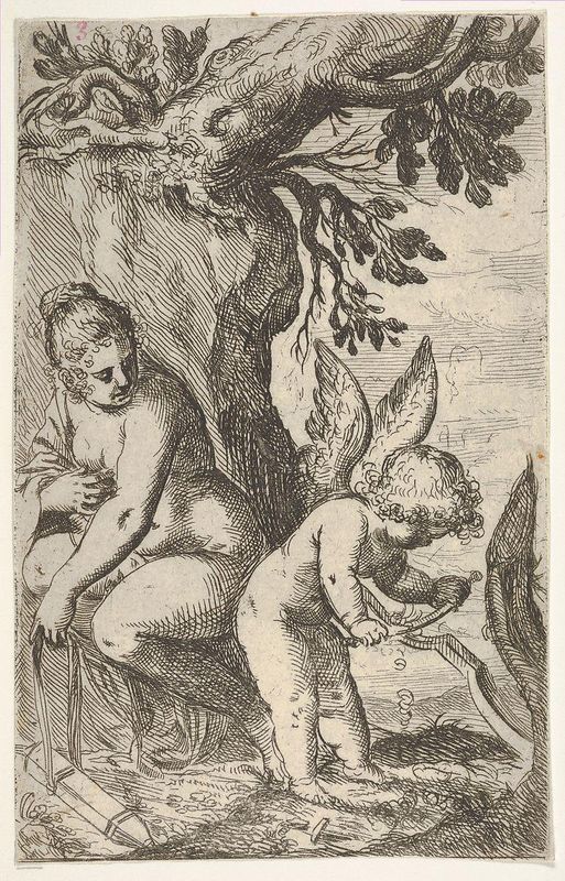 Cupid carves a wooden bow with a file, with his back turned toward Venus