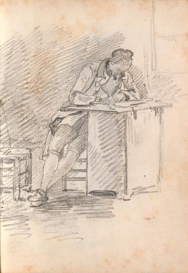 A Young Man Seated at a Desk Writing a Letter