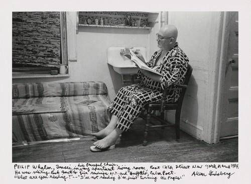 Philip Whalen, sensei in his peaceful chair, my apartment living room, East 12th street New York March 1984. He was visiting East Coast to give readings N.Y. and Buffalo, Calm Poet. "What are you reading?" -- "I'm not reading I'm just turning the pages."