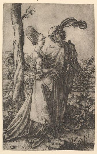 Lord and lady walking with figure of death hiding behind a tree, holding an hourglass, after Dürer