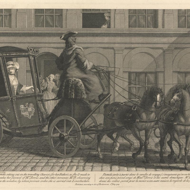 Pamela setting out in the travelling Chariot (for her Father's as She is made to believe) takes her farewel of Mrs. Jervis, and the other servants; Mr. B. observing her from the window; by whose private order she is carried into Lincolnshire