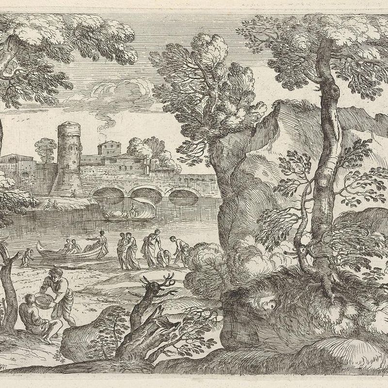 Landscape with bridge traversing a river occupied with three small boats, one of which is encroaching the near river bank, in the foreground are a rocky outcrop and a figure lifting a circular dish above a seated figure