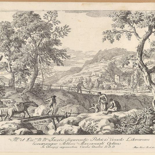 Plate 4: landscape with man leading a pack horse across a wooden bridge, three figures in right foreground, the silhouette of a man standing at a fence beyond, from 'Landscapes'