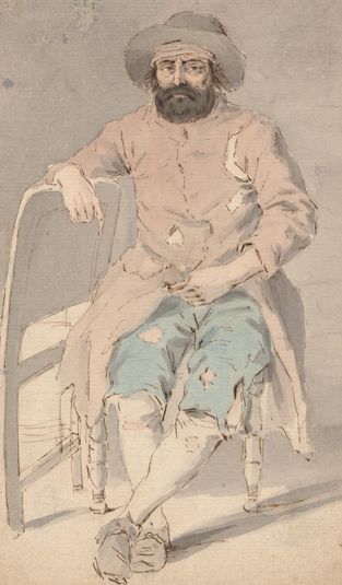Man in Ragged Clothes Seated with Right Arm Over Another Chair