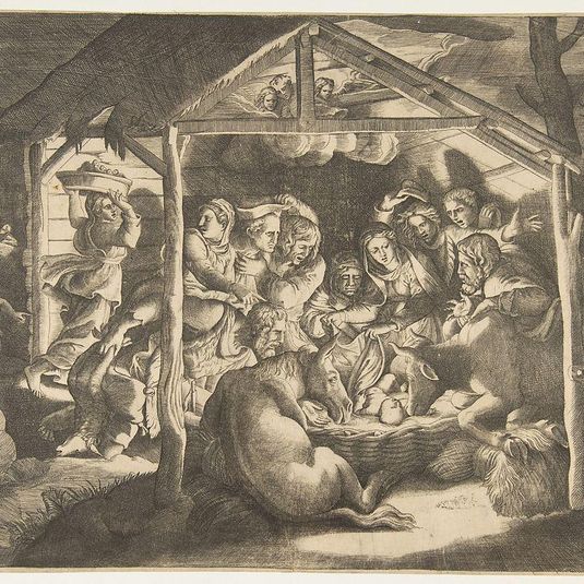The adoration of the shepherds, various figures surrounding the Christ Child in the centre