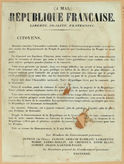 (4 mai.) / République française. / Liberté, Egalité, Fraternité. / Citoyens, / Demain s'ouvrira l'Assemblée nationale; [...]